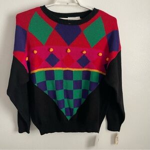 Vintage dead stock Ms. Russ Knit Sweater Geometric Colorful Pom Poms size 2X